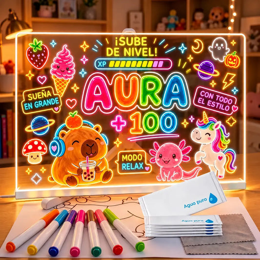 MagicBoard  Pizarra Mágica de Dibujo LED Acrílica con Soporte Ajustable + 7 Rotuladores y 2 Paños de Limpieza de Regalo